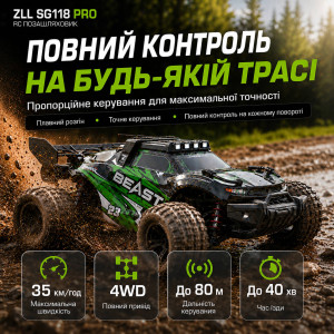 Машинка на радиоуправлении ZLL SG118 PRO Green 1:16 — RC внедорожник 4WD с металлической трансмиссией, полностью пропорциональным управлением, LED-подсветкой, до 35 км/ч, до 40 минут, до 80 м. Photo 2